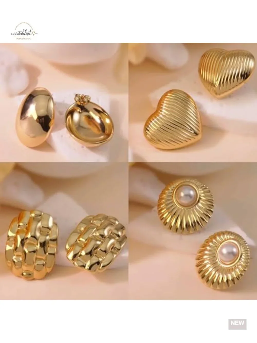 4 Pairs Gold Large Puffy Heart Chunky Stud Statement Earrings Trendy Chunky
